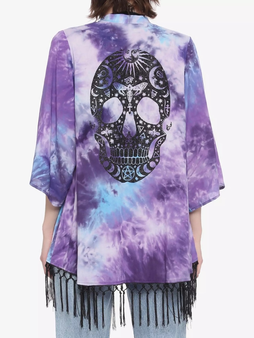 Hot Topic Purple Tie-Dye Skull Fringe Kimono